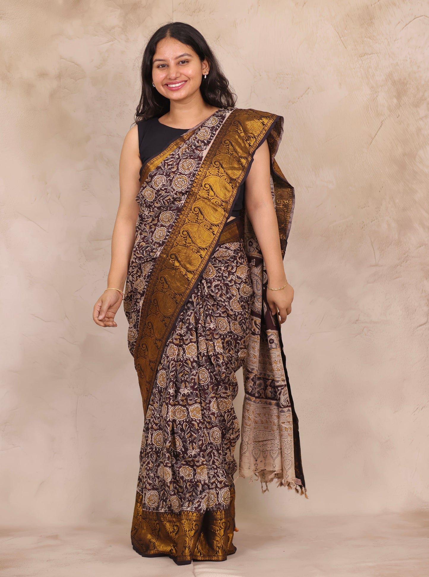 Brown Hand Block Printed Kalamkari Kanchi Border Chennur Silk Saree