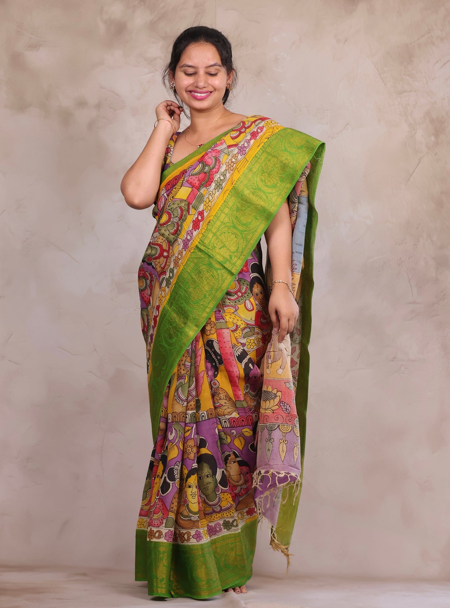 Hand Drawn Pen Kalamkari Lavender And Green Bangalore Silk Kanchi Border Saree