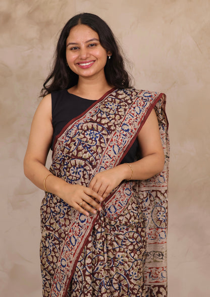 Maroon Hand Block Printed Kalamkari Chennur Silk Saree
