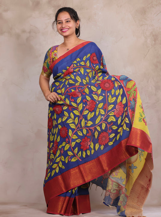 Hand Drawn Pen Kalamkari Blue And Red Bangalore Silk Kanchi Border Saree