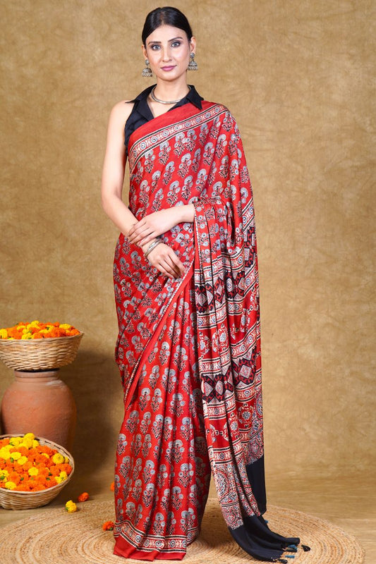 Red Flora Ajrakh Modal Silk Saree
