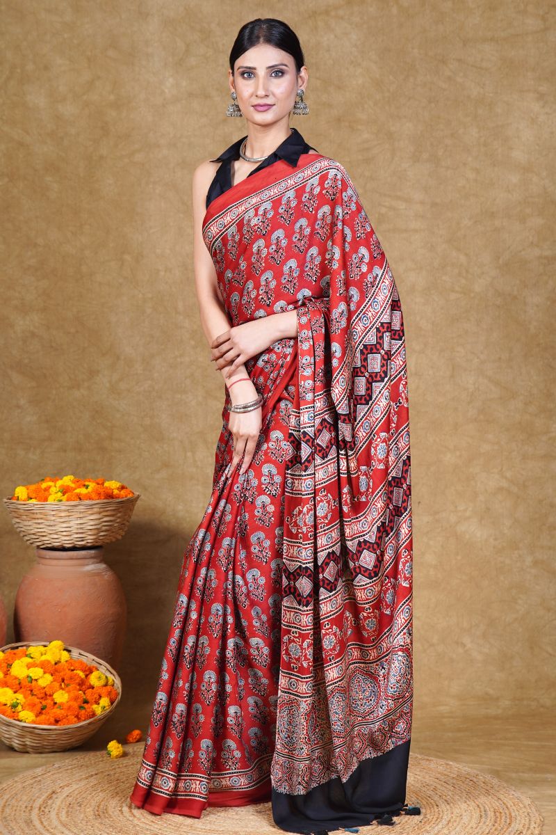 Red Flora Ajrakh Modal Silk Saree