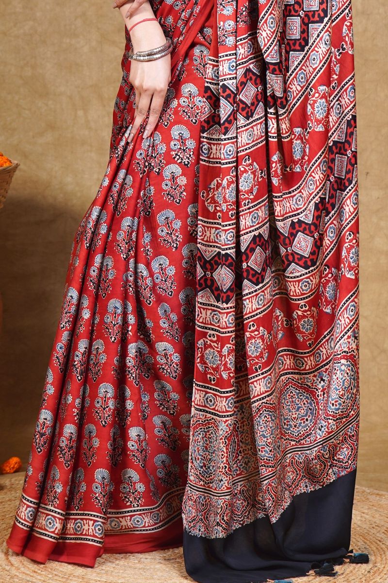 Red Flora Ajrakh Modal Silk Saree