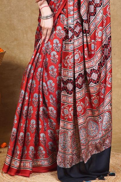 Red Flora Ajrakh Modal Silk Saree