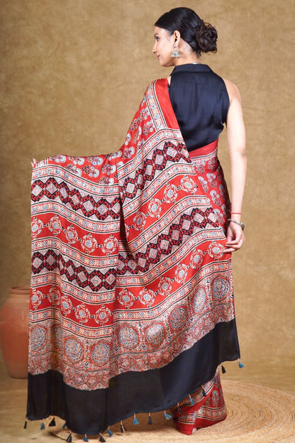 Red Flora Ajrakh Modal Silk Saree