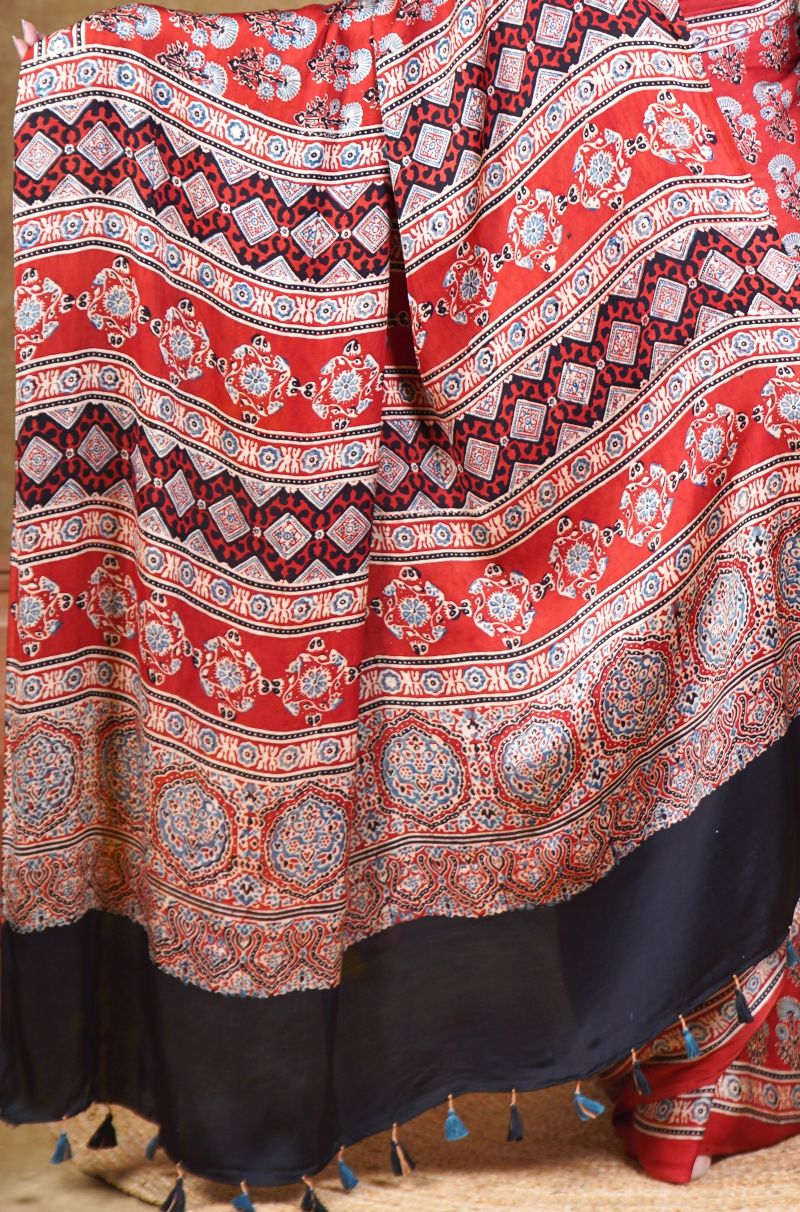 Red Flora Ajrakh Modal Silk Saree