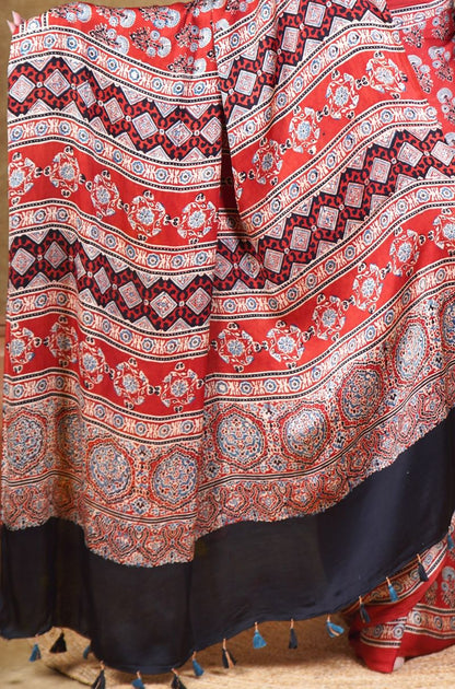 Red Flora Ajrakh Modal Silk Saree