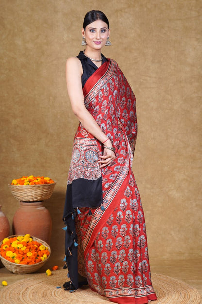 Red Flora Ajrakh Modal Silk Saree
