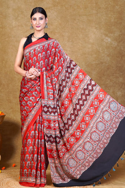 Red Flora Ajrakh Modal Silk Saree