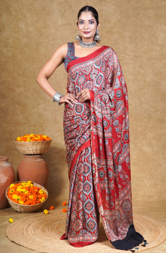 Red String Ajrakh Modal Silk Saree