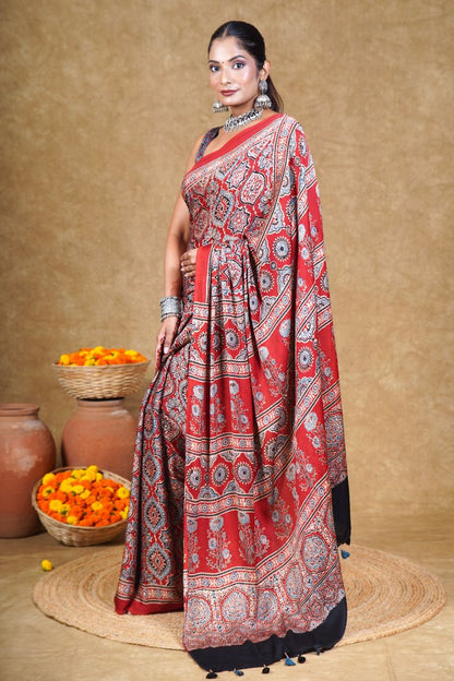 Red String Ajrakh Modal Silk Saree