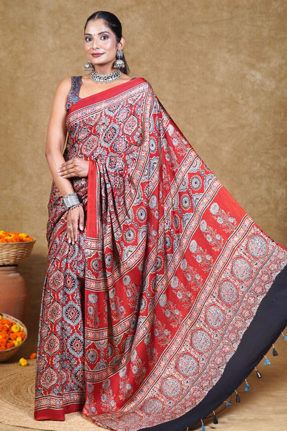 Red String Ajrakh Modal Silk Saree