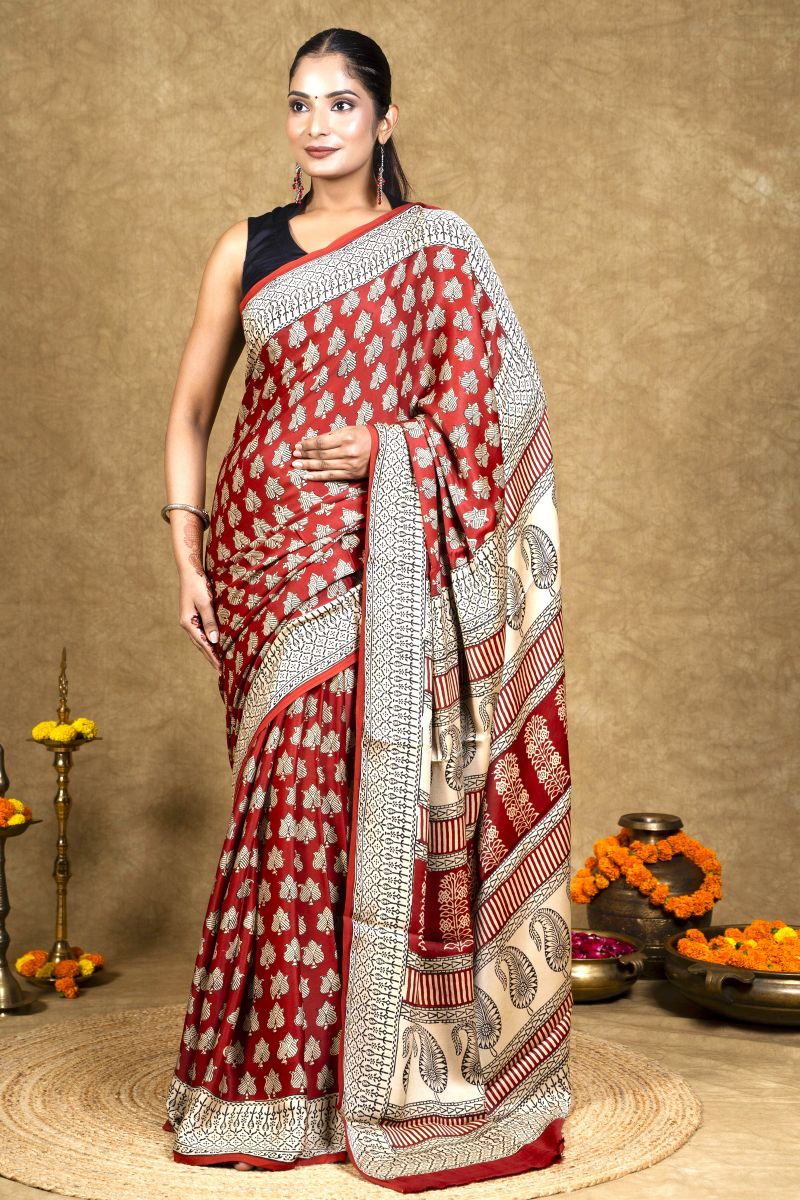 Red Flora Bagh Hand Block Printed Modal Silk Saree