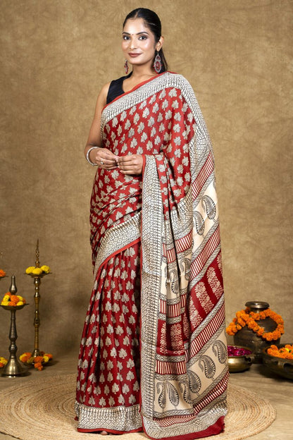 Red Flora Bagh Hand Block Printed Modal Silk Saree
