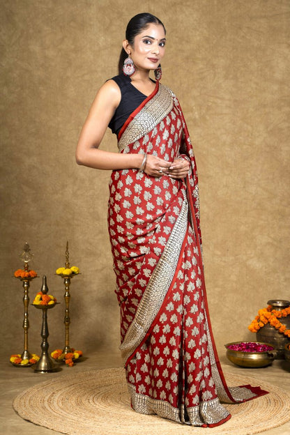 Red Flora Bagh Hand Block Printed Modal Silk Saree