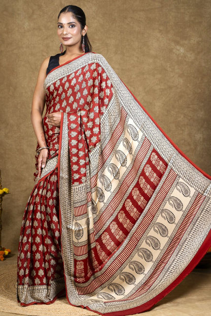 Red Flora Bagh Hand Block Printed Modal Silk Saree