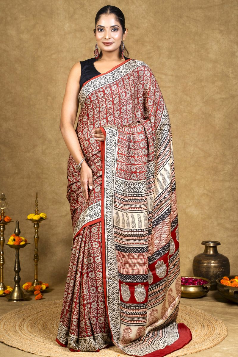 Crimson Flora Bagh Hand Block Printed Modal Silk Saree