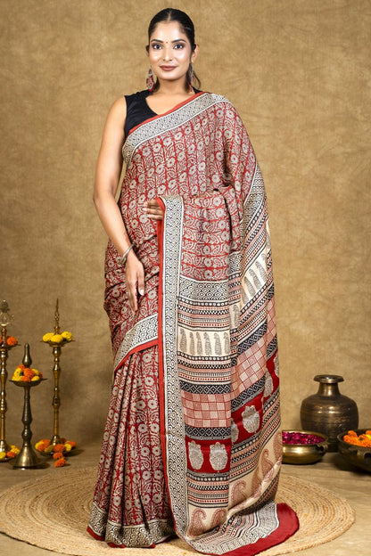 Crimson Flora Bagh Hand Block Printed Modal Silk Saree