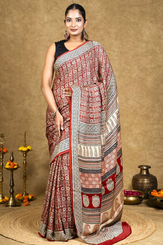 Crimson Flora Bagh Hand Block Printed Modal Silk Saree