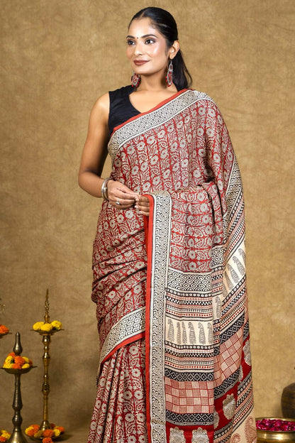 Crimson Flora Bagh Hand Block Printed Modal Silk Saree