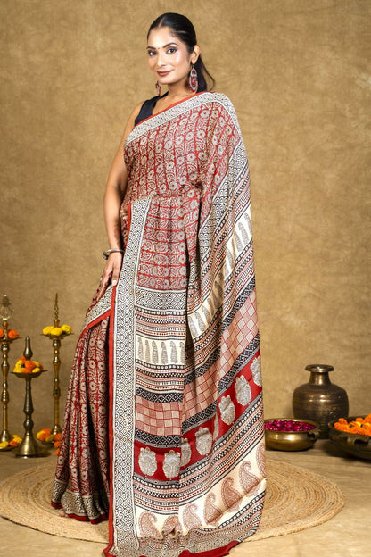Crimson Flora Bagh Hand Block Printed Modal Silk Saree