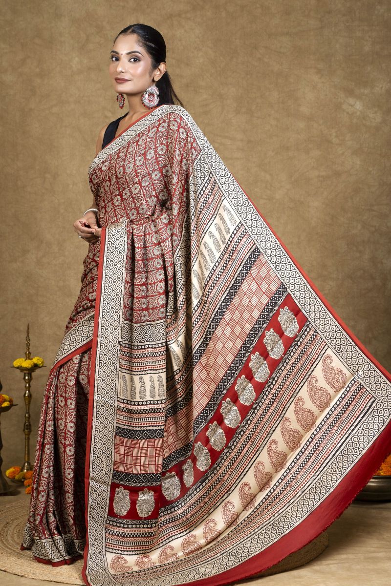 Crimson Flora Bagh Hand Block Printed Modal Silk Saree