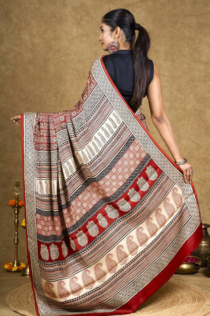 Crimson Flora Bagh Hand Block Printed Modal Silk Saree