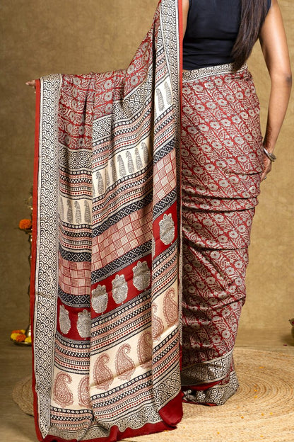 Crimson Flora Bagh Hand Block Printed Modal Silk Saree