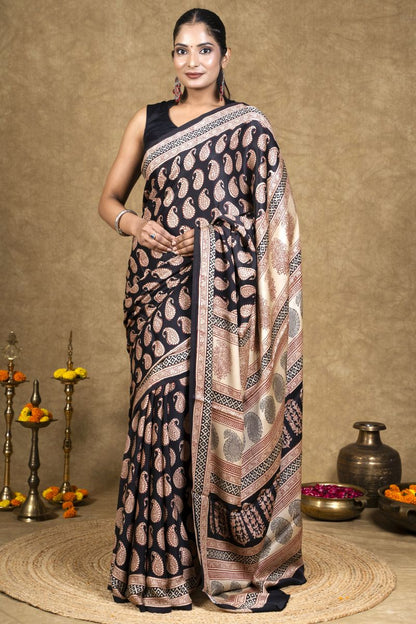 Black Red Paisley Bagh Hand Block Printed Modal Silk Saree