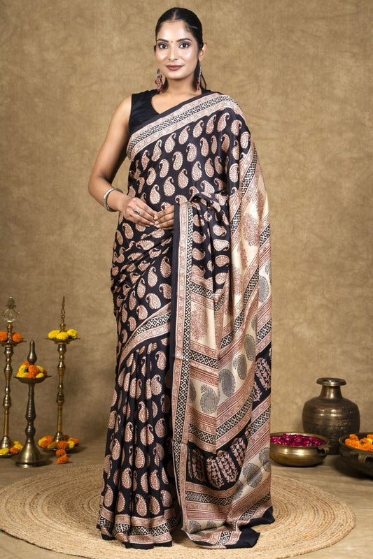Black Red Paisley Bagh Hand Block Printed Modal Silk Saree