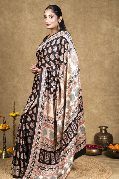 Black Red Paisley Bagh Hand Block Printed Modal Silk Saree