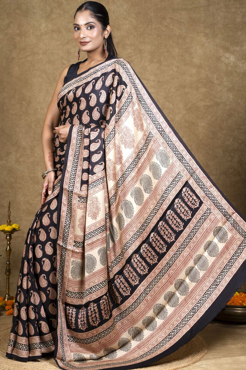 Black Red Paisley Bagh Hand Block Printed Modal Silk Saree