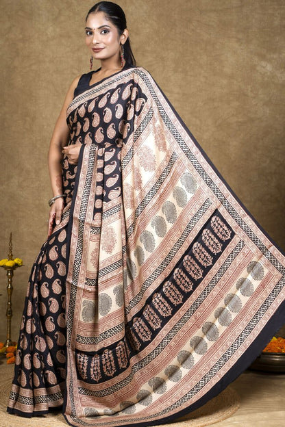 Black Red Paisley Bagh Hand Block Printed Modal Silk Saree