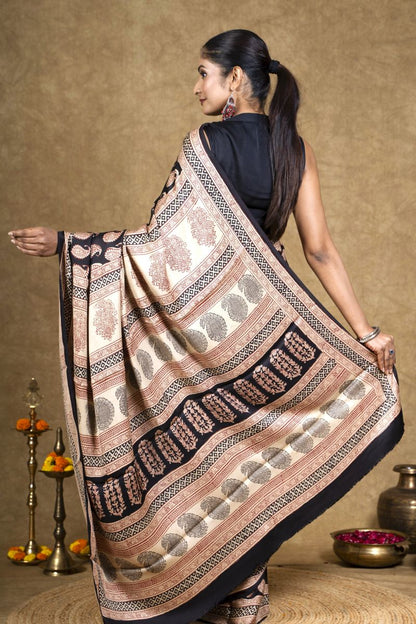 Black Red Paisley Bagh Hand Block Printed Modal Silk Saree