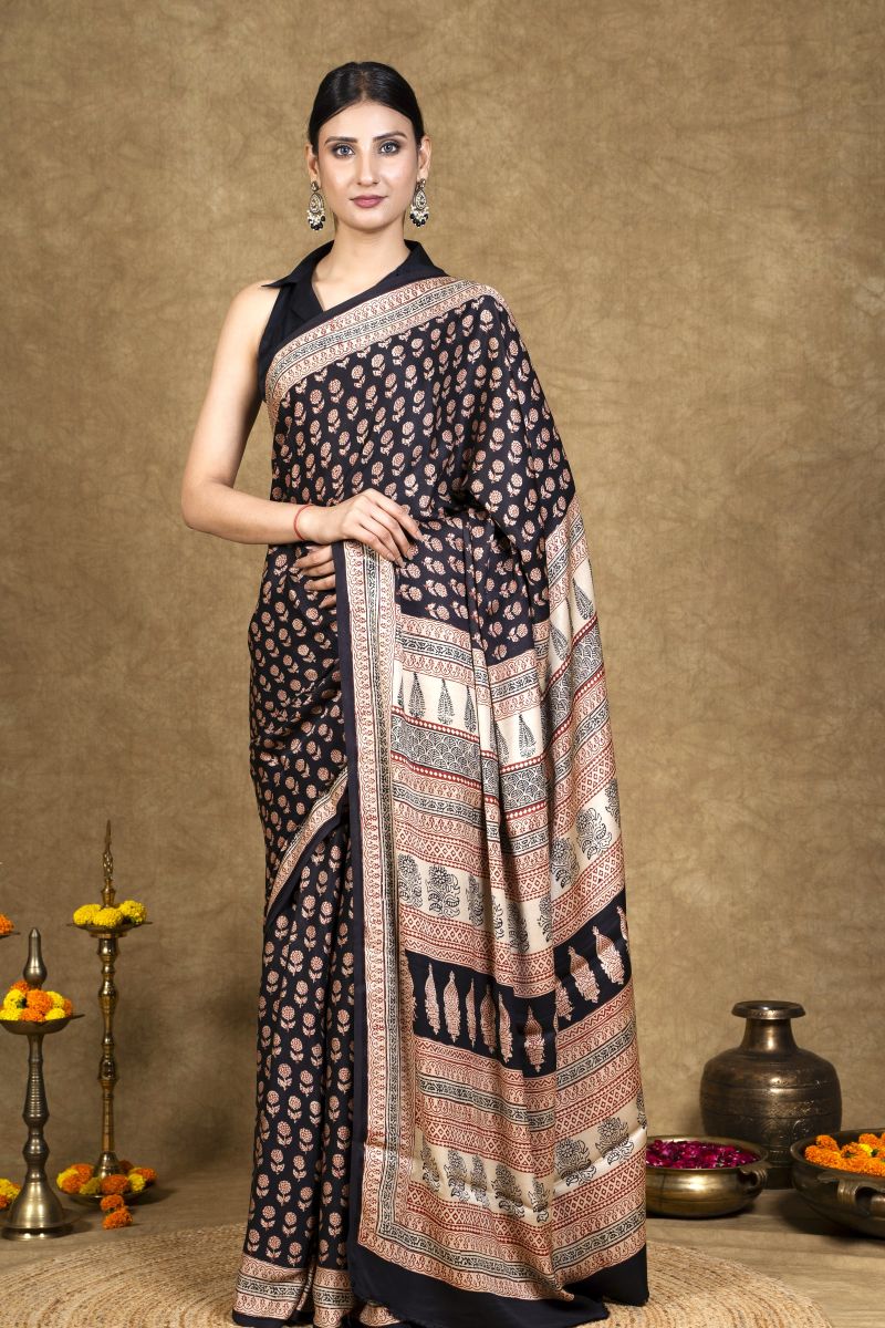 Black Flora Bagh Hand Block Printed Modal Silk Saree