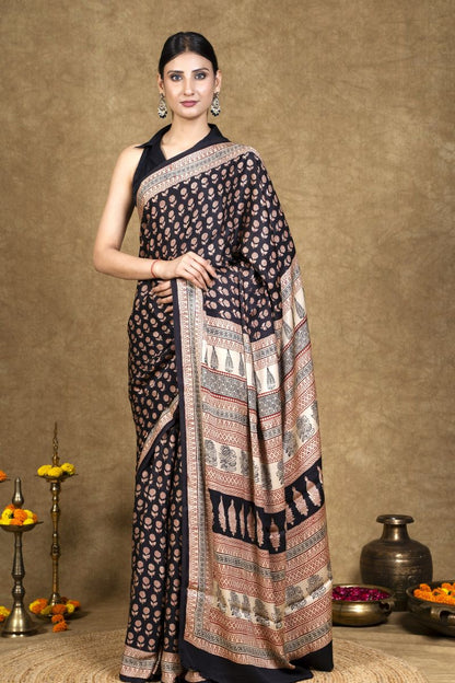 Black Flora Bagh Hand Block Printed Modal Silk Saree