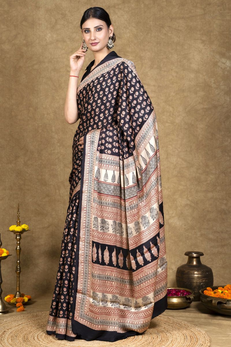 Black Flora Bagh Hand Block Printed Modal Silk Saree