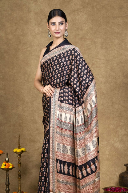 Black Flora Bagh Hand Block Printed Modal Silk Saree