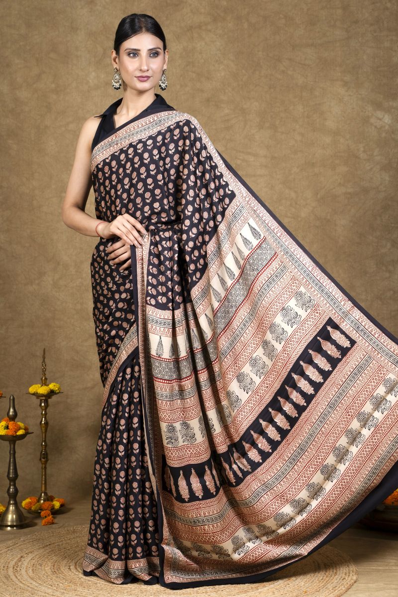 Black Flora Bagh Hand Block Printed Modal Silk Saree