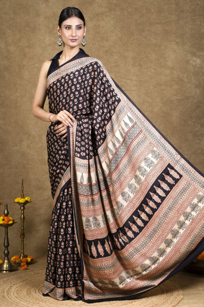 Black Flora Bagh Hand Block Printed Modal Silk Saree