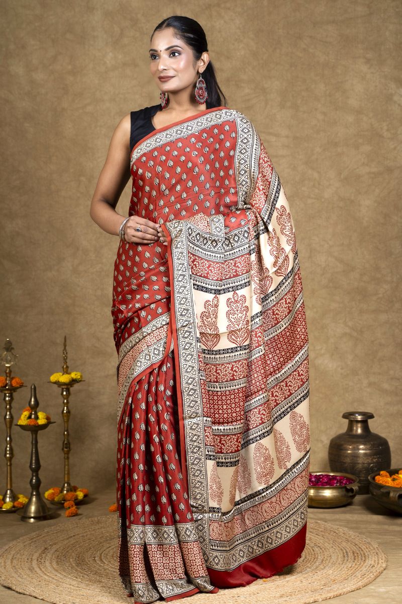 Red Diamond Leaf Bagh Hand Block Printed Modal Silk Saree