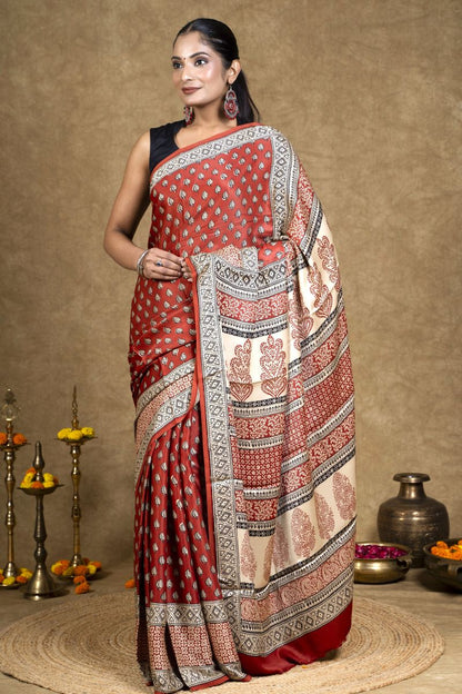 Red Diamond Leaf Bagh Hand Block Printed Modal Silk Saree