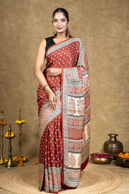 Red Diamond Leaf Bagh Hand Block Printed Modal Silk Saree