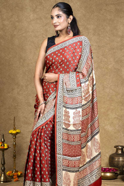 Red Diamond Leaf Bagh Hand Block Printed Modal Silk Saree