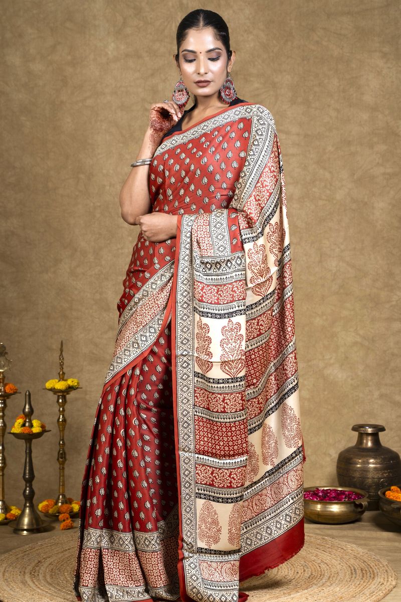 Red Diamond Leaf Bagh Hand Block Printed Modal Silk Saree