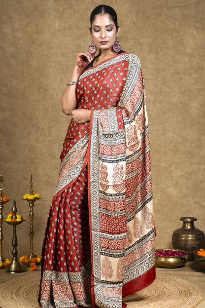 Red Diamond Leaf Bagh Hand Block Printed Modal Silk Saree