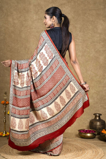 Red Diamond Leaf Bagh Hand Block Printed Modal Silk Saree