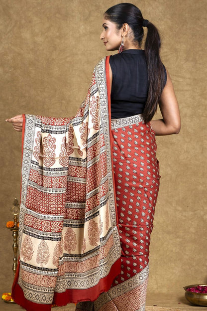 Red Diamond Leaf Bagh Hand Block Printed Modal Silk Saree