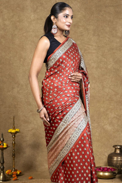 Red Diamond Leaf Bagh Hand Block Printed Modal Silk Saree