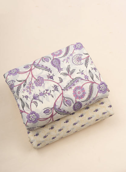 Pure Cotton Cambric Mix And Match Off-White And Purple Color Block Print Fabric.